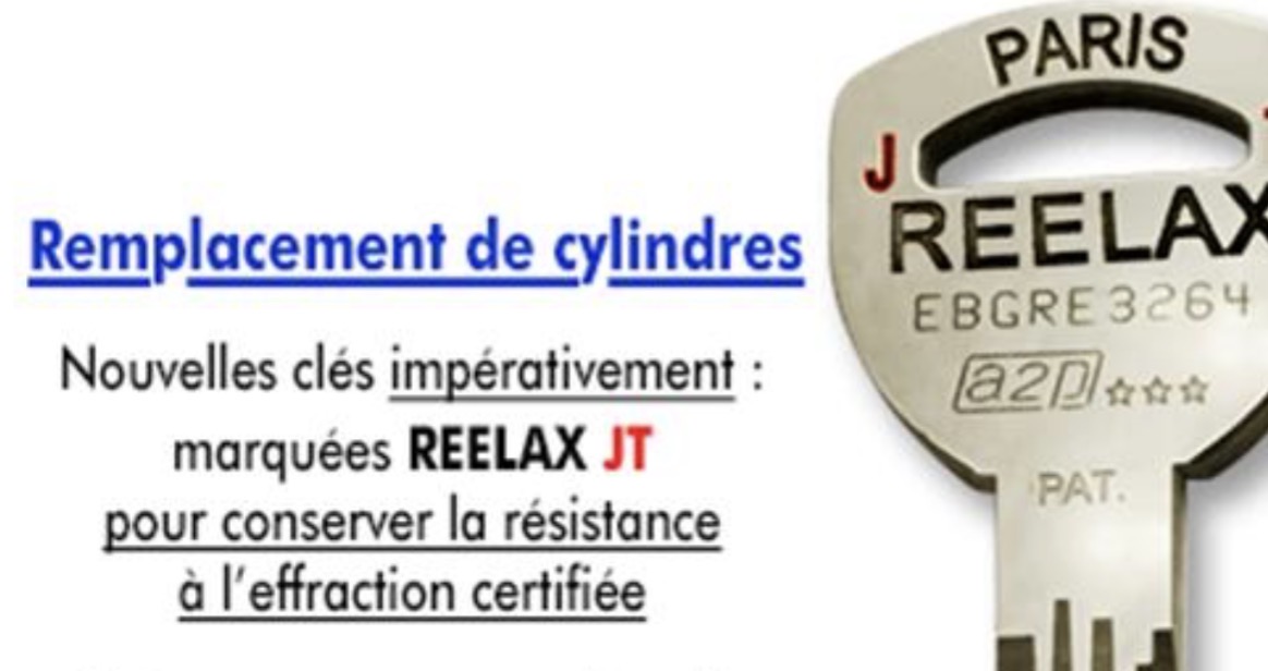 Remplacement de cylindres ReeLax — nouvelles clés marquées REELAX JT certifiées A2P★★★